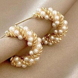 Anthropologie Classy Mini Pearls Swirl Twisted Half Hoop Gold Earrings